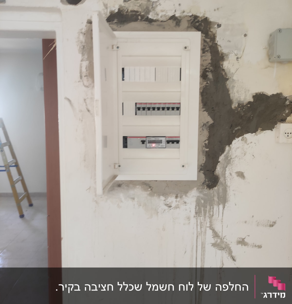 לוח חשמל פתוח על קיר עם תיקוני טיח
